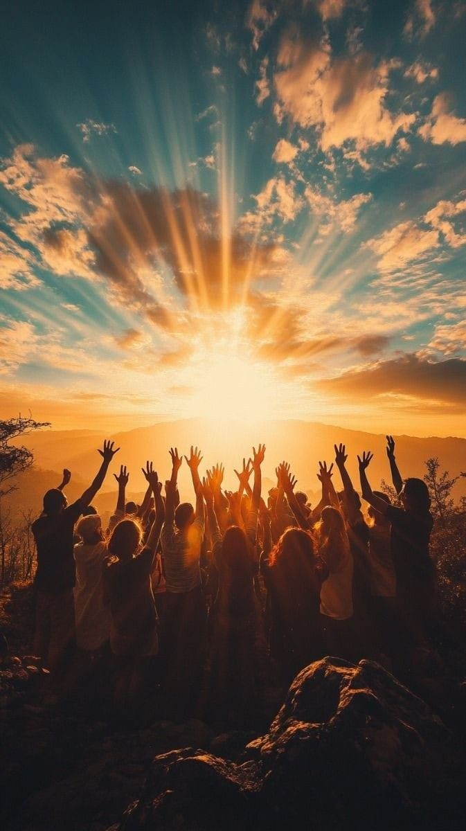 Members raising their hands together at sunrise